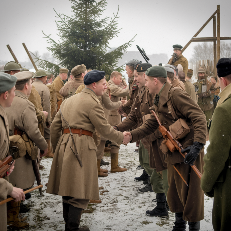 Imagem gerada por IA mostrando soldados apertando as mãos na Trégua de Natal de 1914